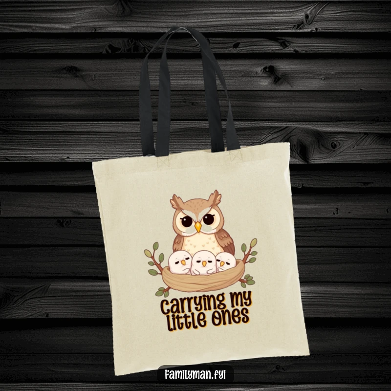 Funny tote bag featuring a proud owl parent overseeing its sleeping owlets in a nest, perfect for carrying daily essentials with humor.