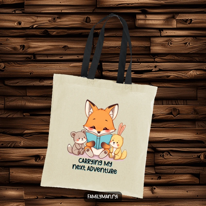 Funny tote bag with a curious fox character reading a book to a group of captivated stuffed animals, perfect for carrying books and essentials humorously.