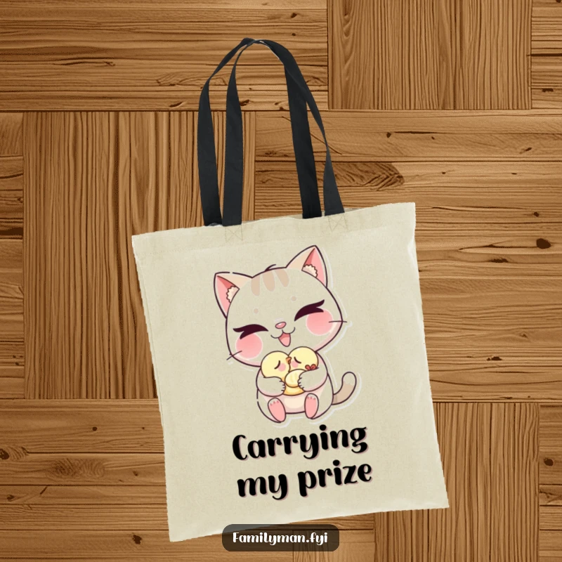 Funny cat tote bag with a mischievous grin gently carrying a sleeping baby bird, a stylish and humorous accessory.