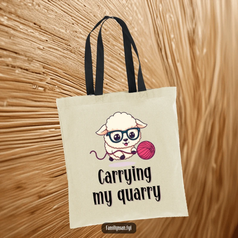 Funny Tote Bag with a fluffy sheep dog in oversized glasses chasing a bouncing yarn ball, great for shopping and errands.