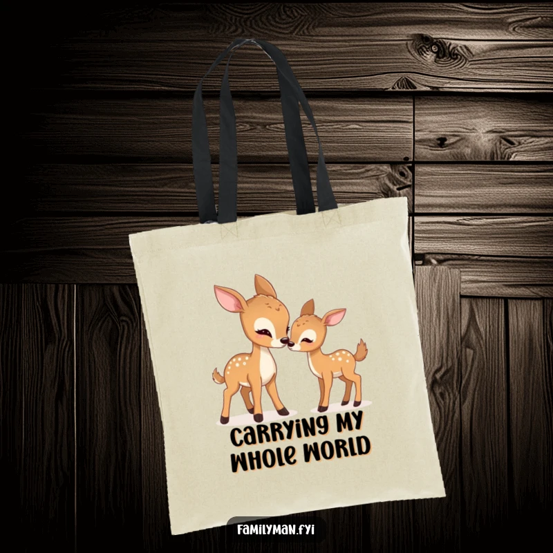 Funny deer tote bag featuring a doe playfully nudging her fawn, a humorous and sweet design for carrying essentials.