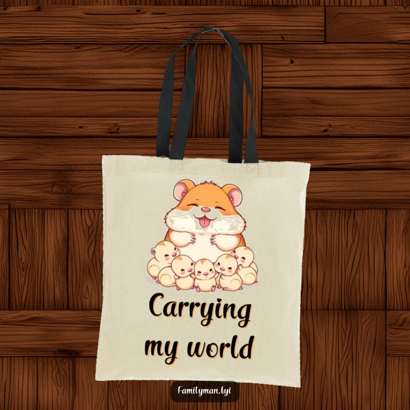 Funny delighted dad hamster napping with his babies, illustrated on a stylish tote bag. A charming and humorous accessory for carrying daily necessities.