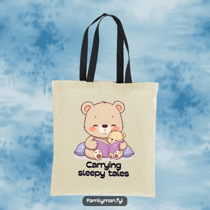 Funny happy bear cub reading a bedtime story to a tiny cub on a tote bag.
