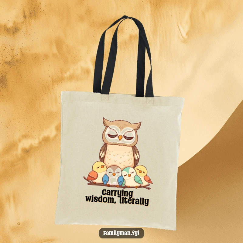 Funny Owl Tote Bag illustrating a thoughtful owl protecting a trio of sleeping birds, emphasizing humor and care.