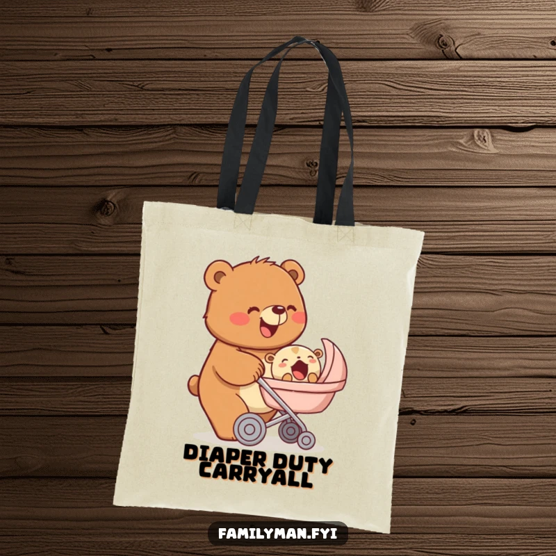Funny tote bag featuring a beaming bear pushing a stroller with a yawning baby animal, ideal for carrying baby essentials, a funny gift.