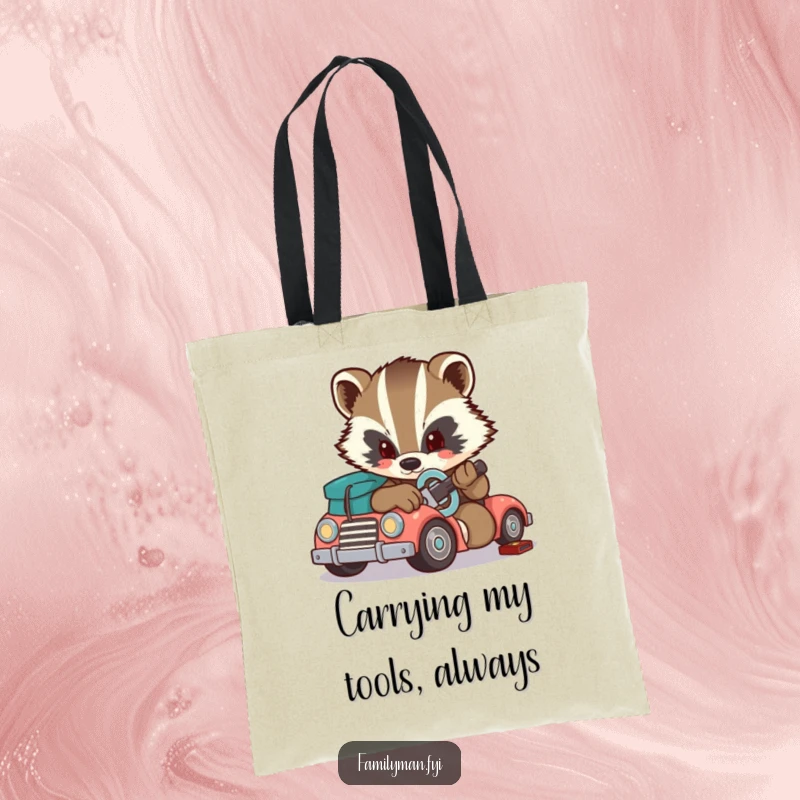 Funny badger tote bag, a determined badger using a wrench to fix a toy car. Great for carrying tools.