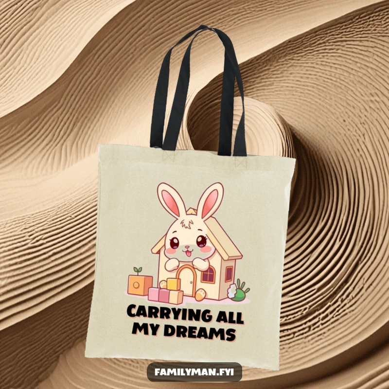 Funny playful bunny character building a house with blocks, on a stylish tote bag for daily use.