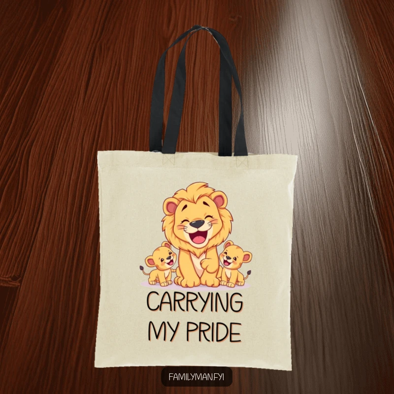 Funny Dad Lion Tote Bag: A happy lion dad playing fetch with his cubs, a practical and funny carryall.