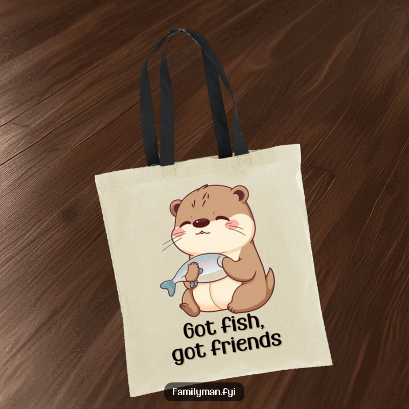 Funny Otter Tote Bag illustrating two otters sharing a fish, embodying generosity and humorous friendship ideals.
