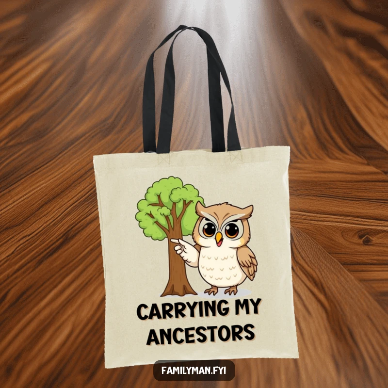 Funny owl tote bag with a proud owl character pointing at a detailed family tree, celebrating ancestry and heritage.