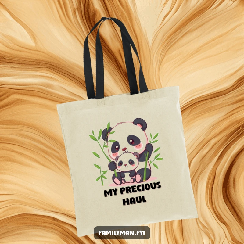 Funny panda tote bag featuring a parent panda sharing bamboo with its children, a humorous and peaceful accessory.