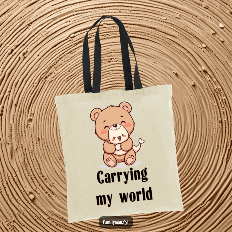 Funny tote bag featuring a happy bear cub with a baby animal piggyback, ideal for carrying items and spreading smiles.