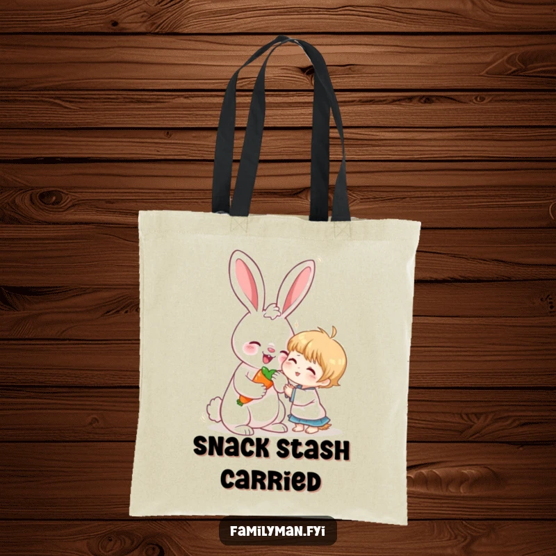 Funny tote bag with a loving rabbit sharing a carrot with a child, ideal for carrying items and spreading gentle joy.