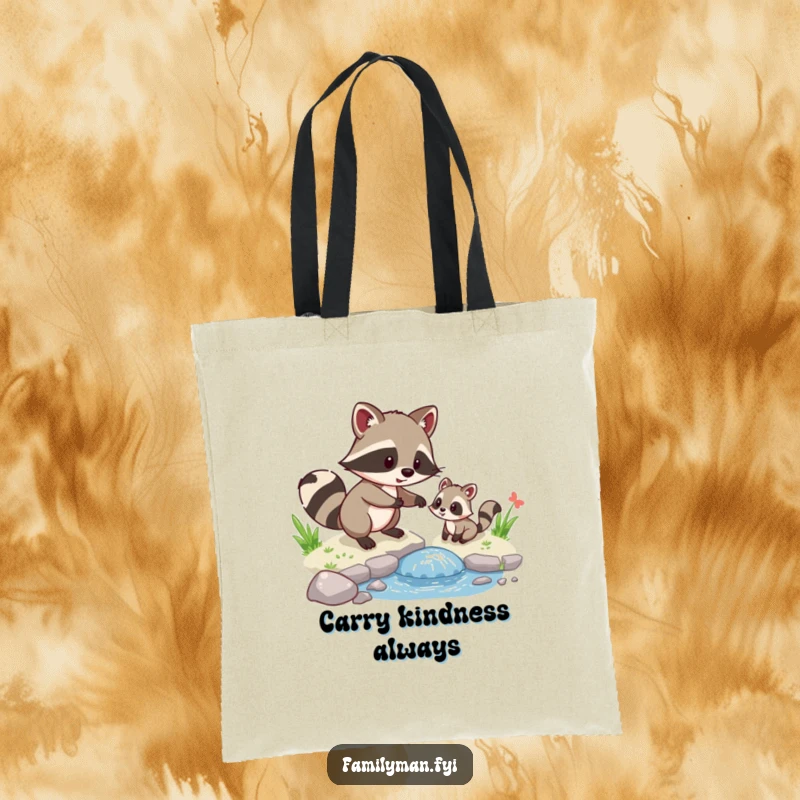 Funny Raccoon Helper Tote Bag, featuring a playful raccoon helping a small animal cross a stream, highlighting helpfulness.