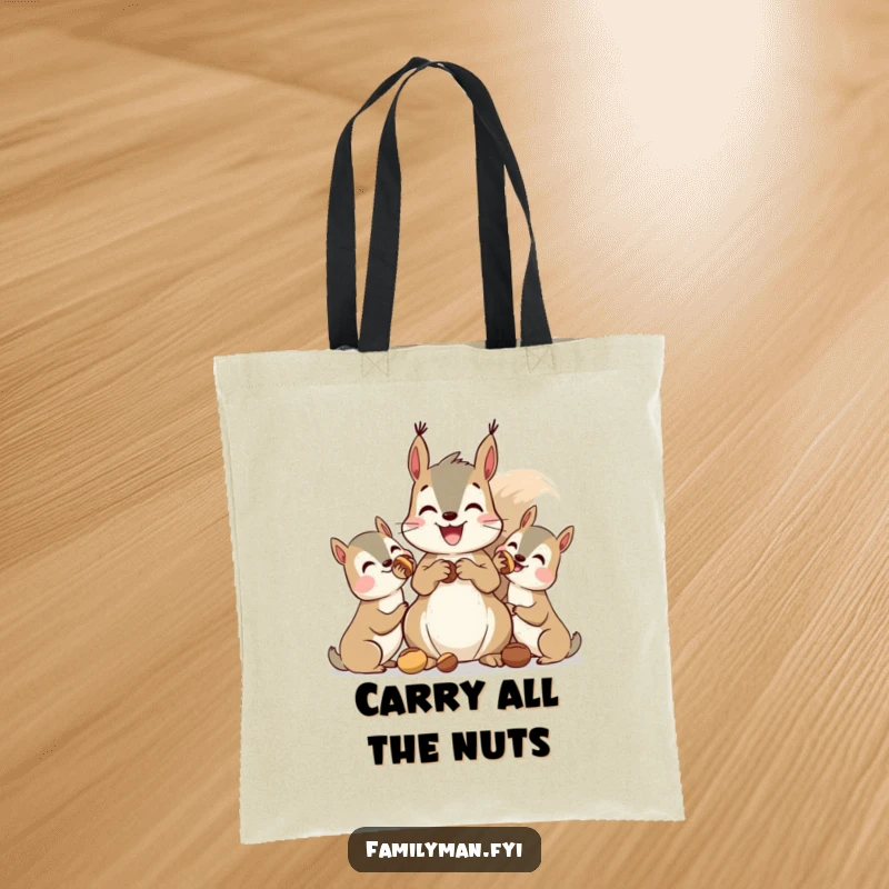 Funny squirrel tote bag, a cheerful squirrel distributing nuts to pals, perfect for carrying daily items with humor.
