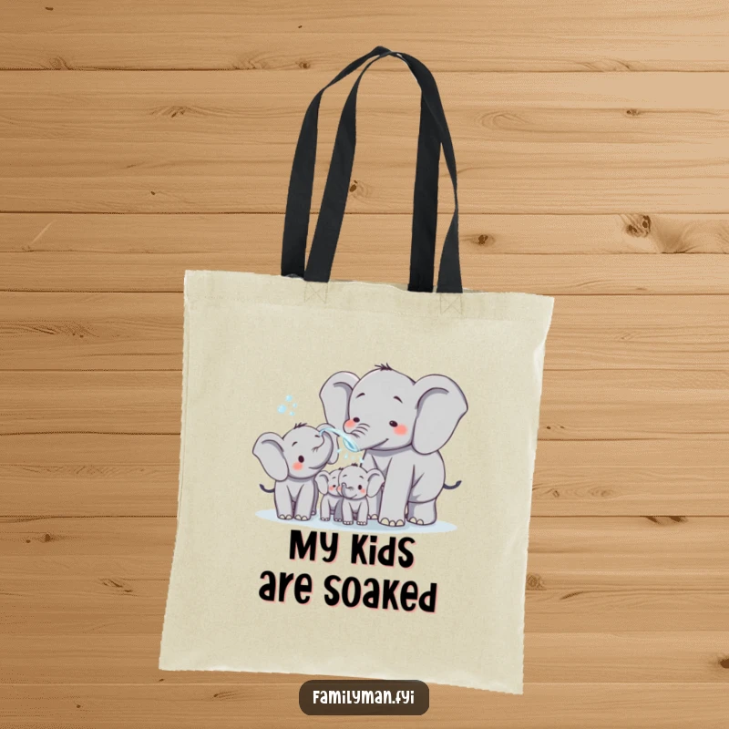 Funny dad elephant playfully spraying water on his family, illustrated on a versatile tote bag. A stylish and humorous accessory for carrying daily items.