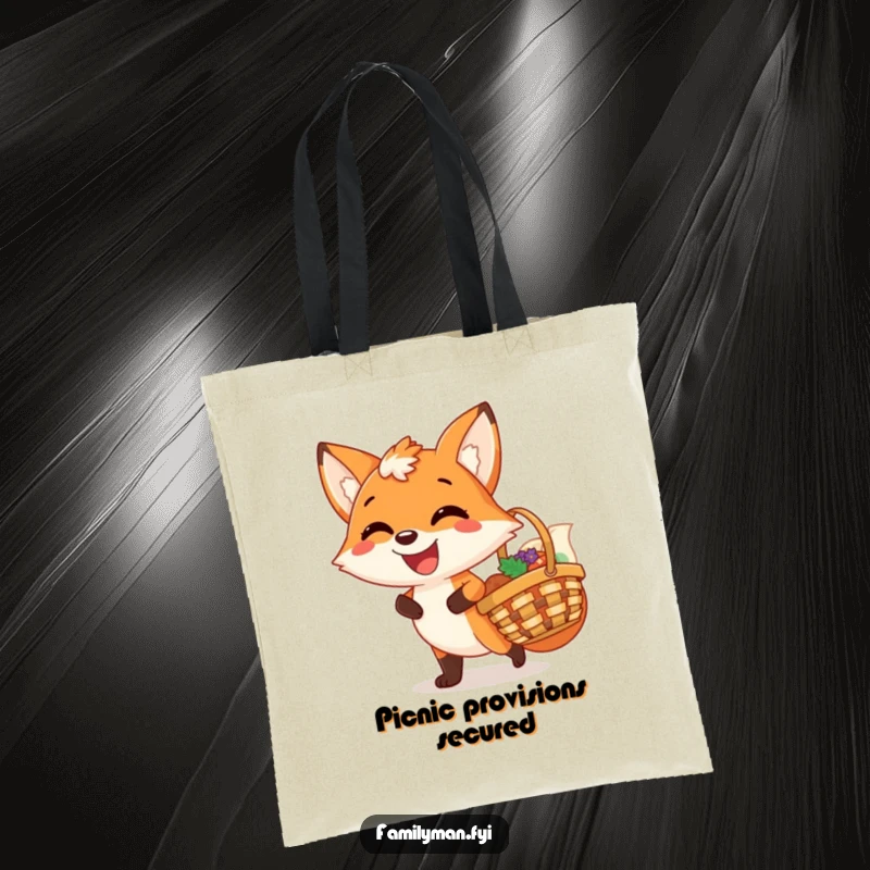 Funny tote bag featuring a joyful fox gleefully carrying a picnic basket, its wide grin radiating pure satisfaction.