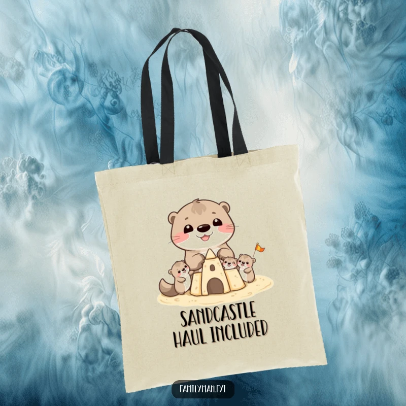 Funny Otter Tote Bag: A cheerful otter family focused on constructing a magnificent sandcastle, perfect for carrying beach day essentials or groceries.